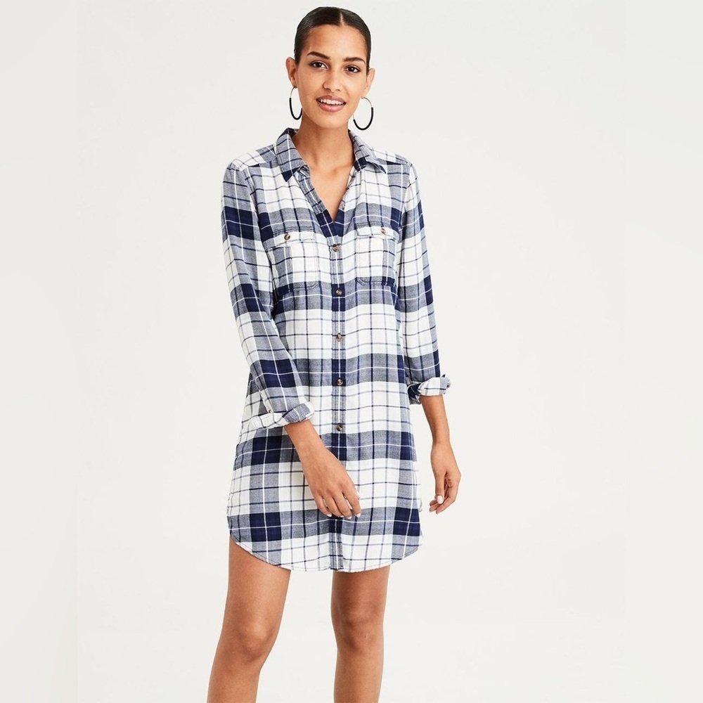 Women's American Eagle Plaid Shirt Dress, Navy Blue & Cream, XS​​​​